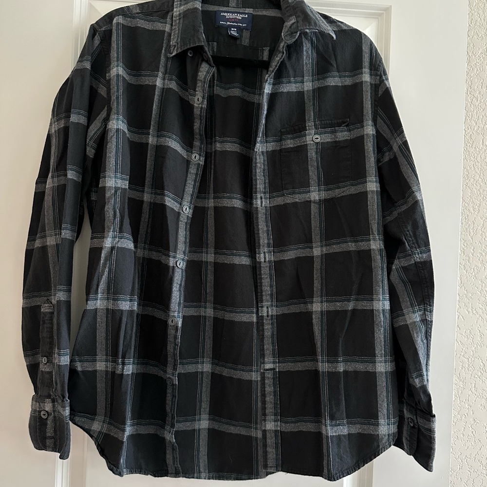 American Eagle Outfitters Gray and Teal Plaid flannel Shirt